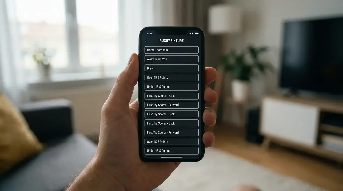 Long vertical list of bet builder legs displayed on a smartphone for a rugby match
