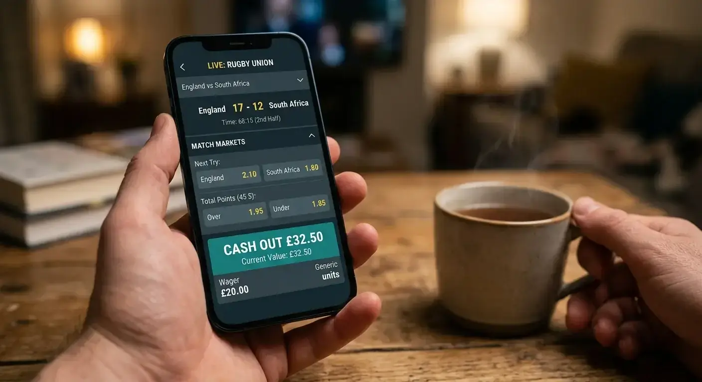 Smartphone showing a prominent cash-out button on a live rugby betting interface