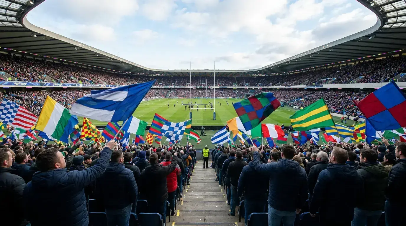 Multiple European rugby club flags displayed at a Champions Cup-style match