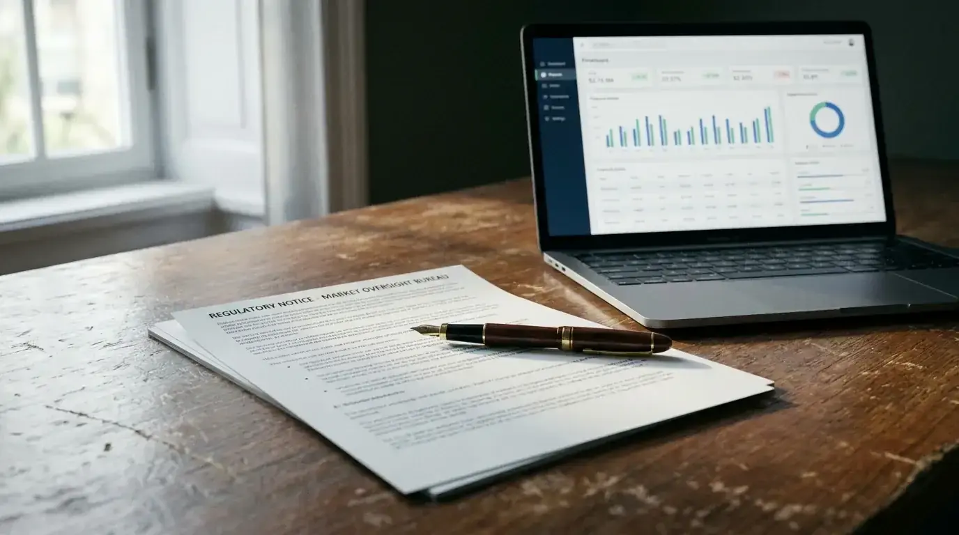 Printed regulatory document on a desk beside a laptop showing financial markets