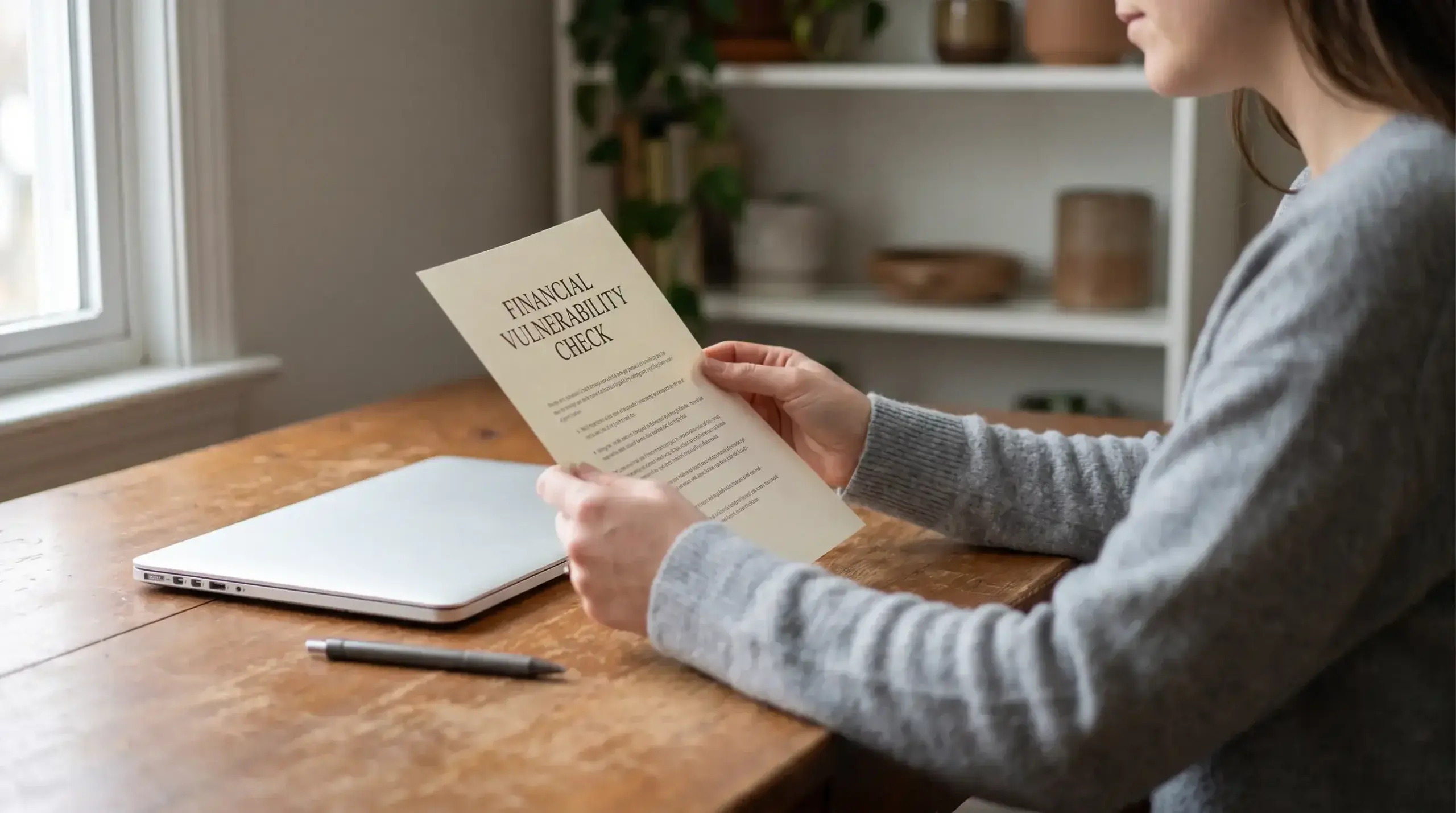 Person reviewing a financial vulnerability check document beside a laptop in a home office setting