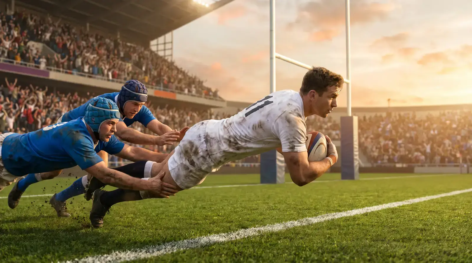 Rugby winger crossing the try line with defenders trailing during a Six Nations match