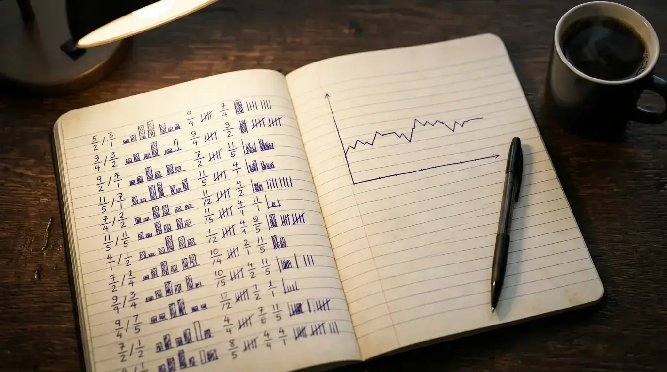 Open notebook on a wooden desk with handwritten fractional odds and implied probability notes