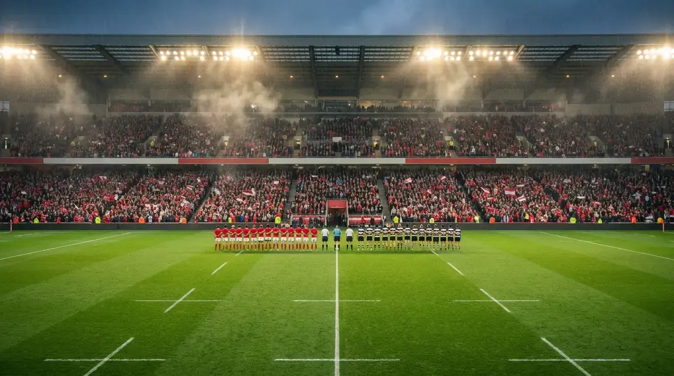 Packed English Premiership rugby stadium with both teams kicking off a Saturday fixture