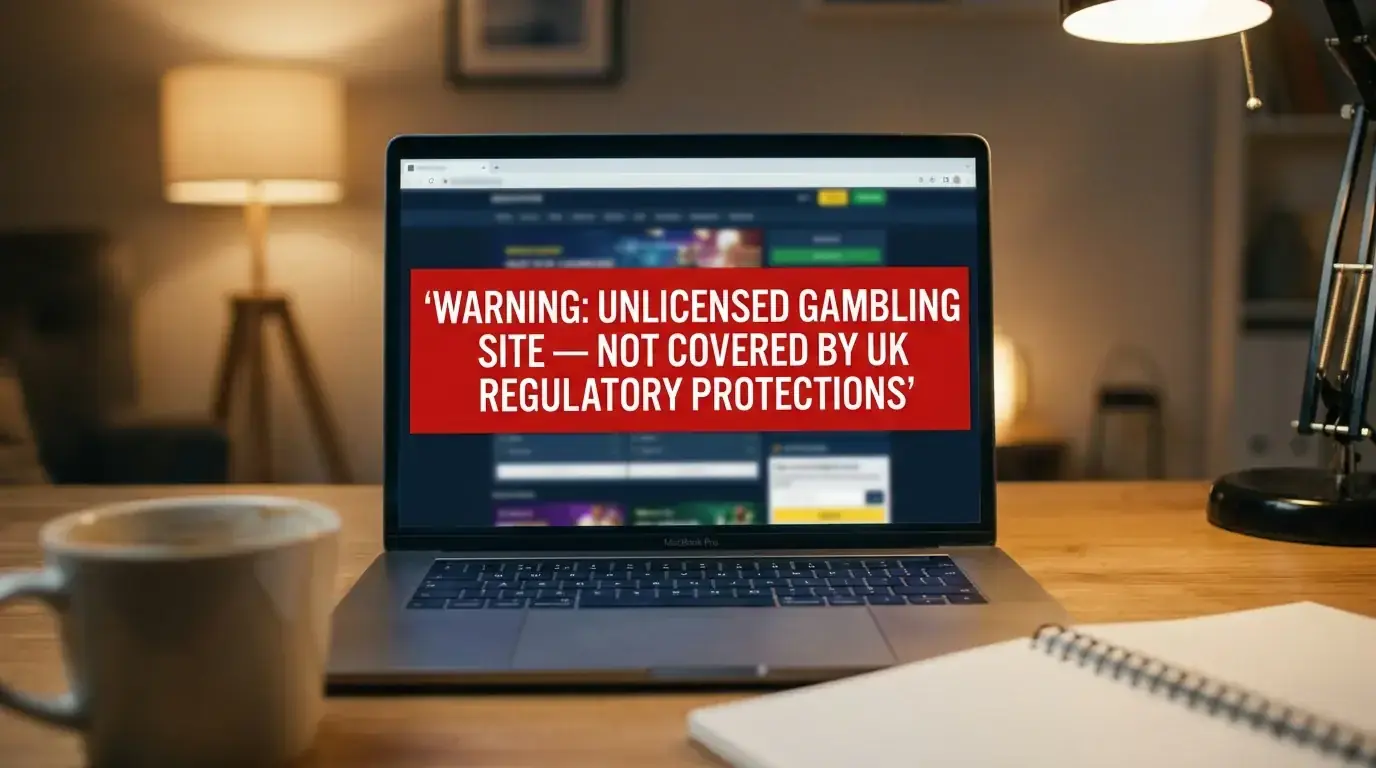 Warning sign on a laptop screen flagging an unlicensed offshore gambling site to UK users