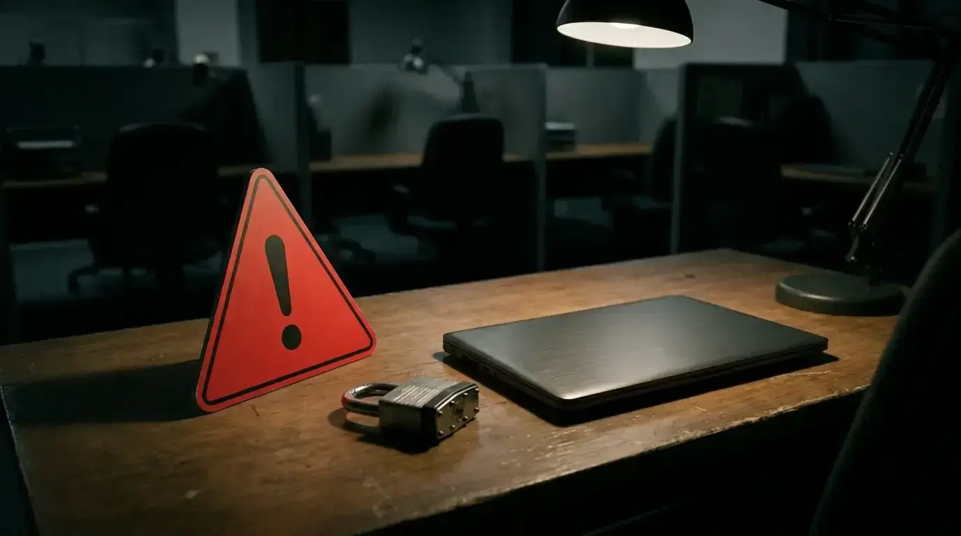 Red warning sign and metal padlock sitting on a laptop keyboard in a dim office