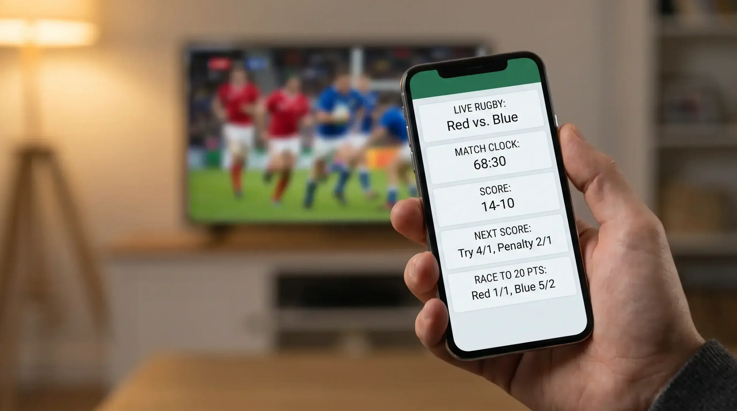 Smartphone displaying a live rugby in-play betting screen during an active match