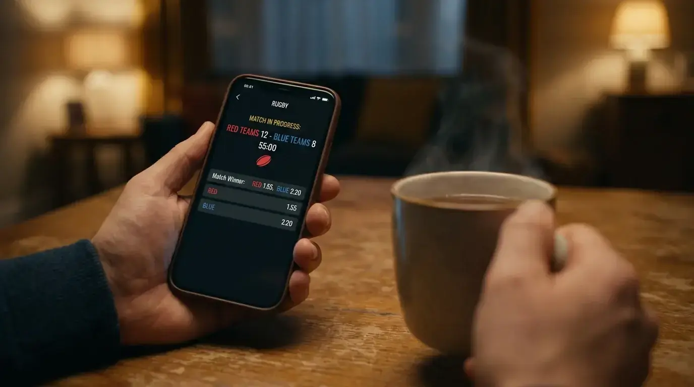 Mobile phone held in hand showing a clean in-play rugby betting interface