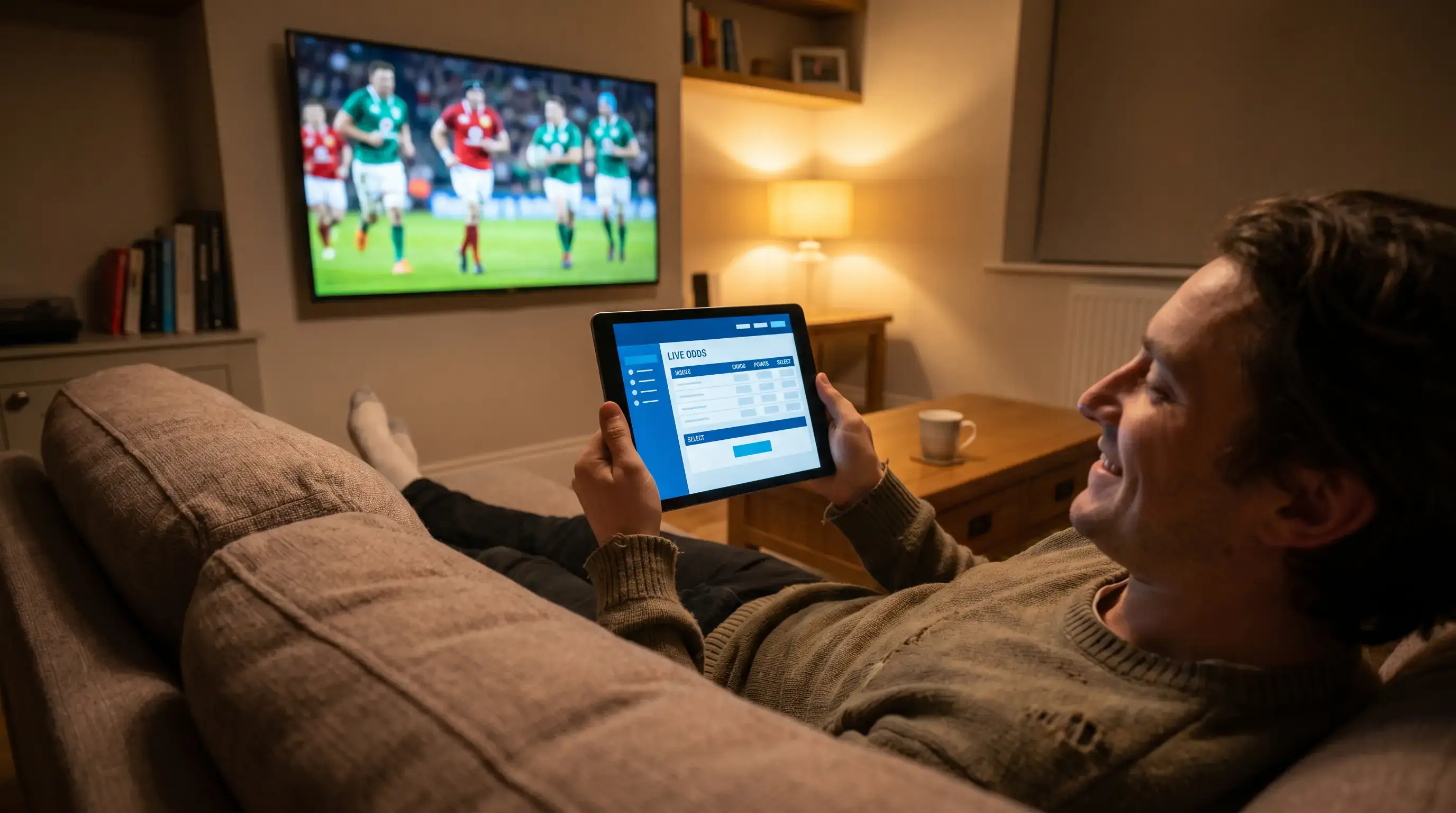 Bettor watching a rugby match on television while holding a tablet with a live betting interface