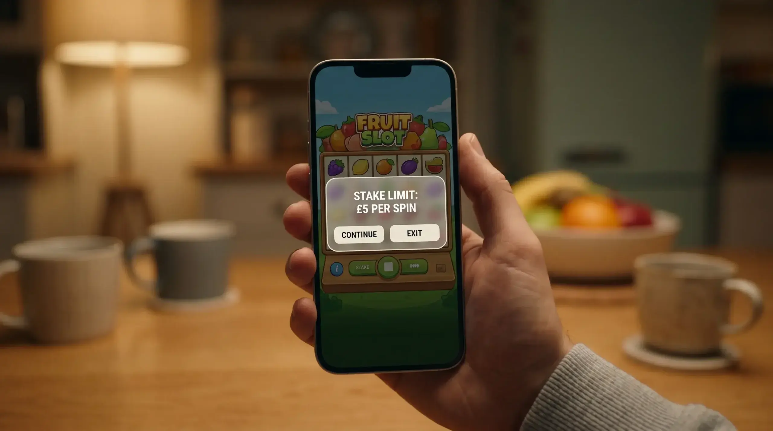 Smartphone screen showing an online casino stake limit notification and responsible play warning