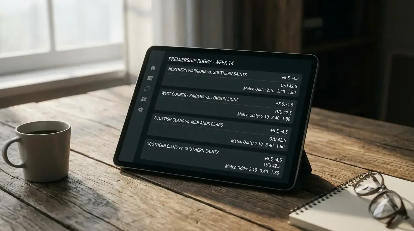 Tablet displaying weekly Premiership rugby match markets in a clean interface