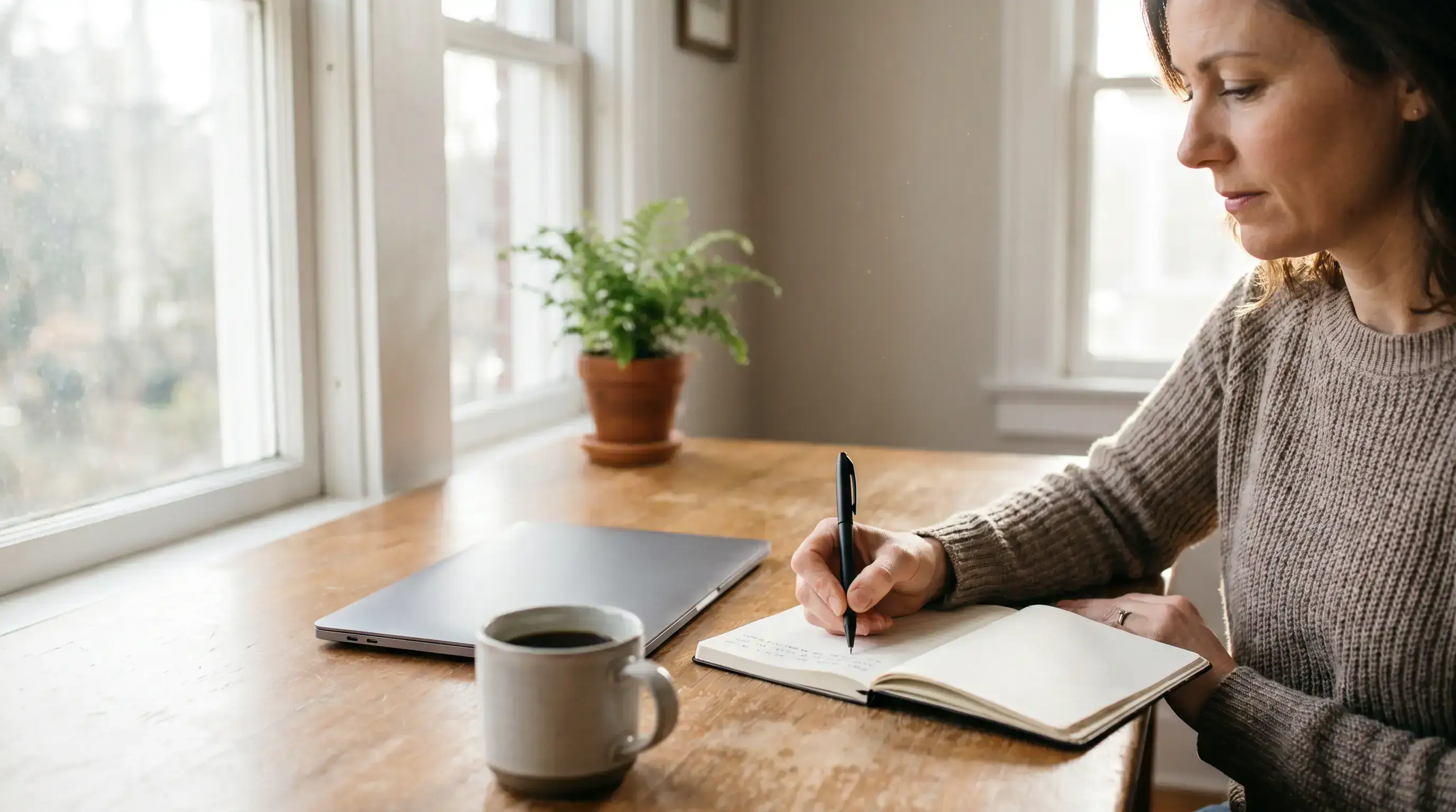 Person writing in a paper notebook beside a closed laptop in a calm, well-lit home office