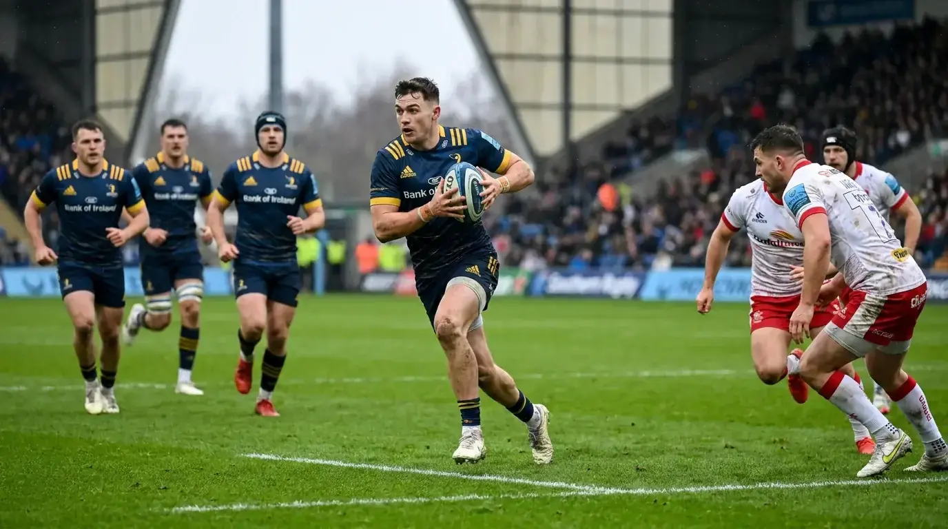 Rugby back line carrying the ball at pace towards the opposition try line