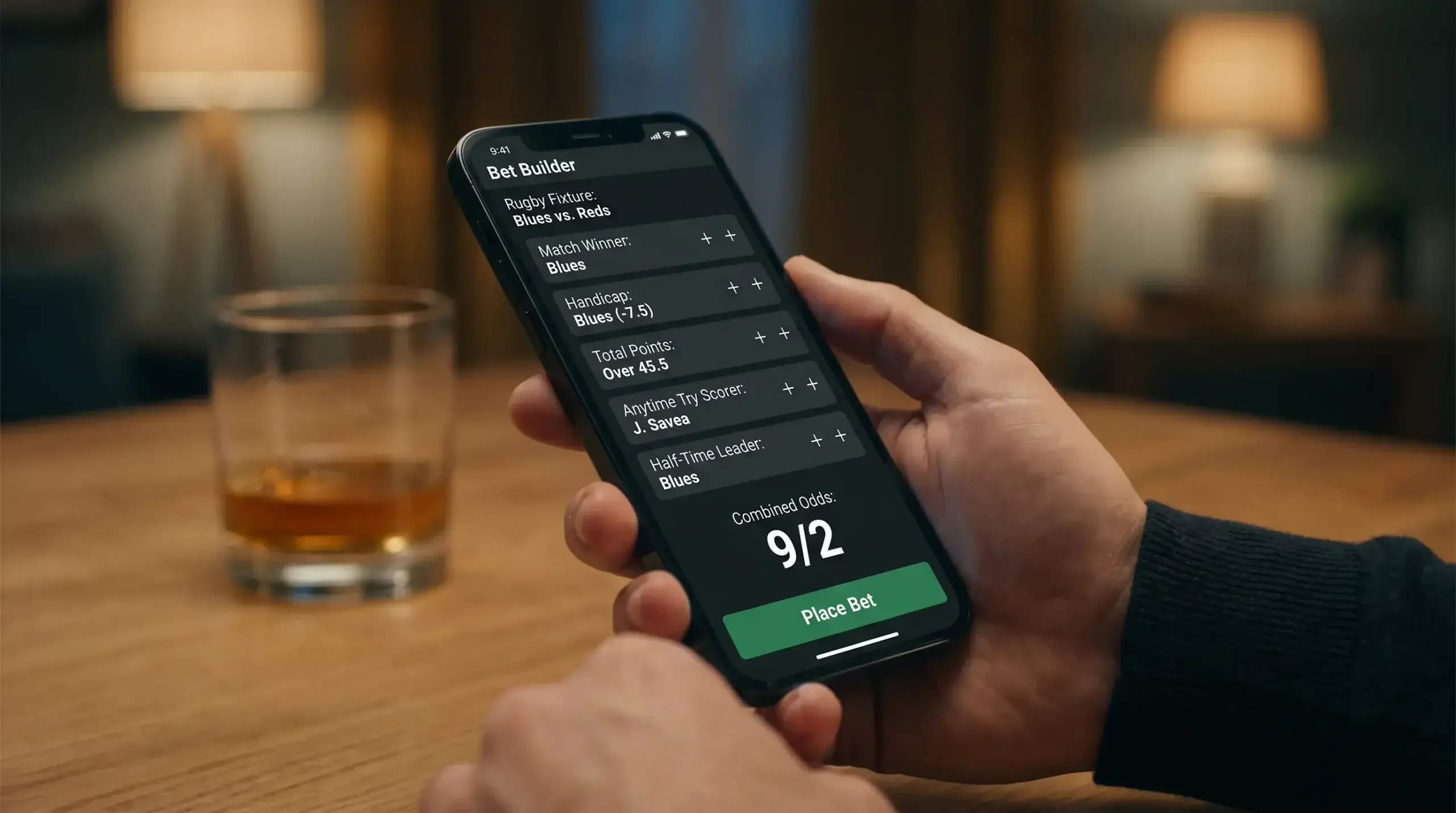 Smartphone screen showing a rugby bet builder with multiple selections combined into a single ticket