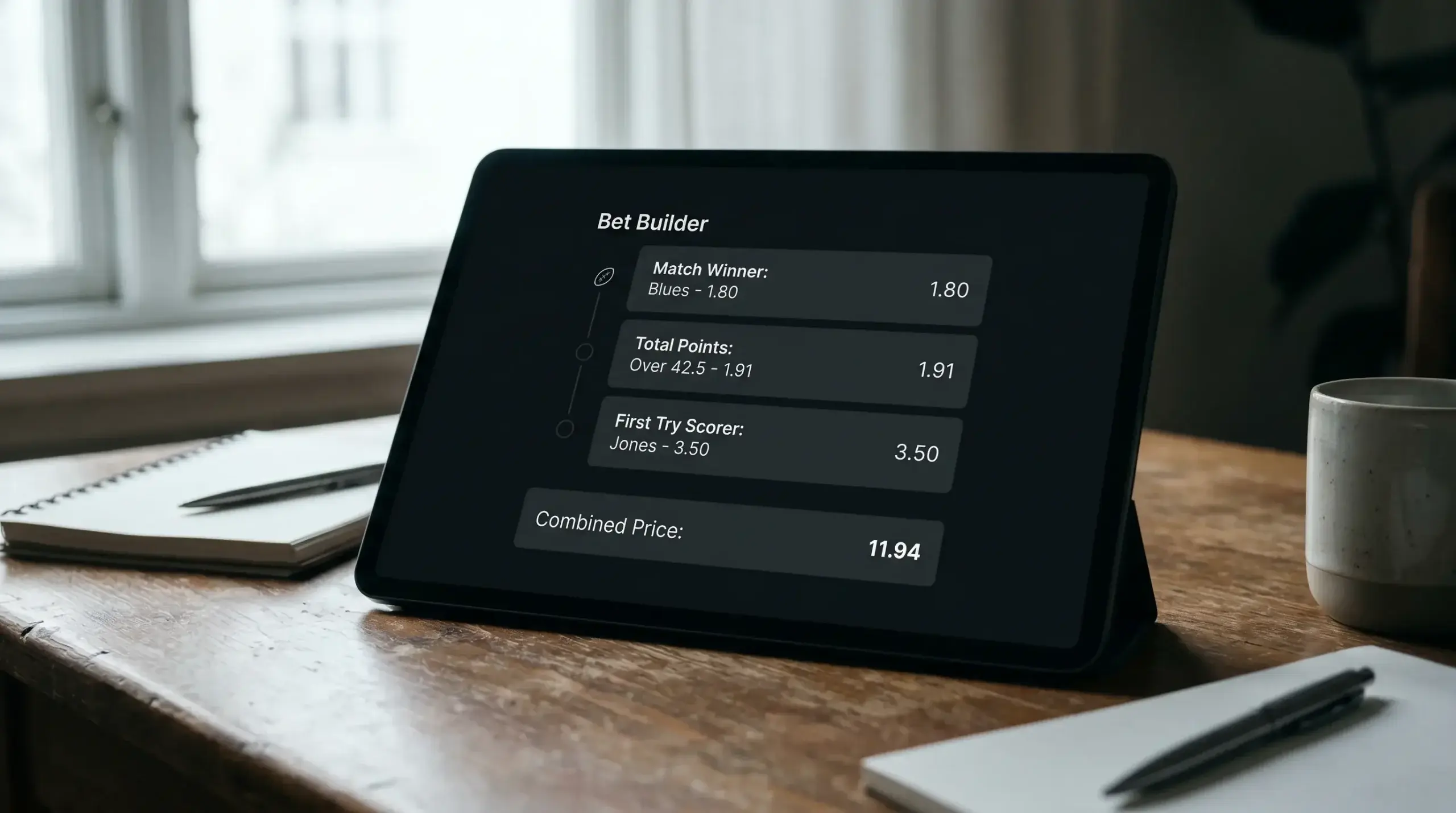 Tablet display of a rugby bet builder showing combined selections for one match