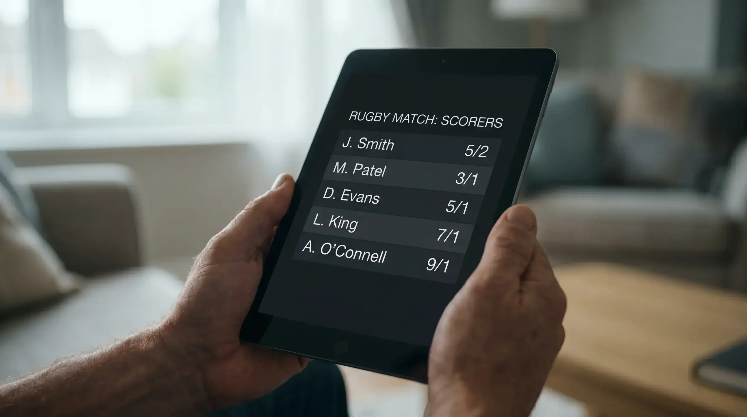 Clean tablet screen showing rugby try-scorer odds list before a Six Nations match