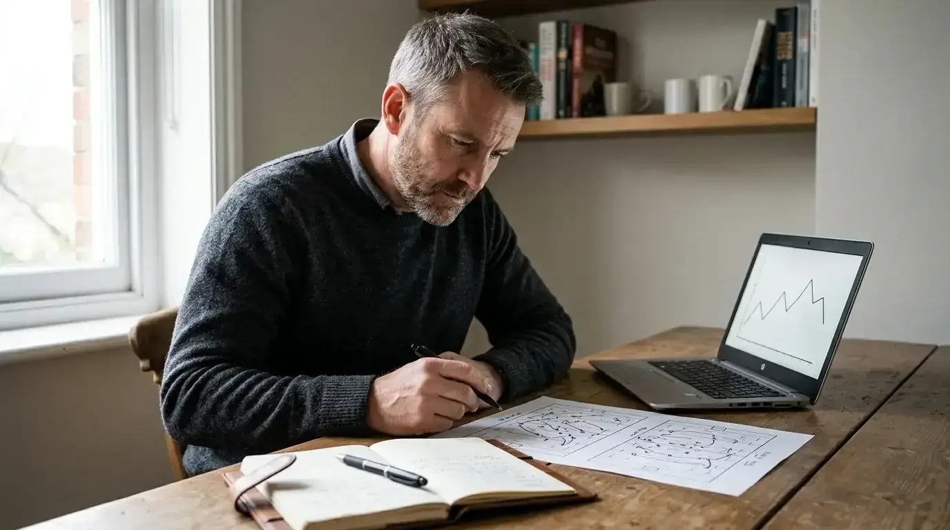 Analyst studying rugby team statistics printed on paper next to a laptop showing match data