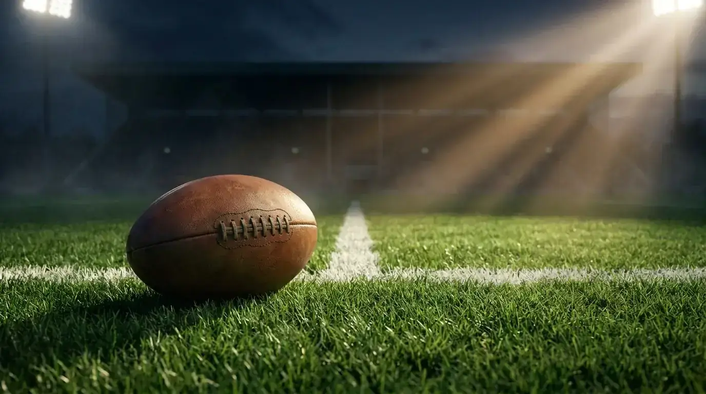 Rugby ball on a floodlit pitch under stadium lights, marking the UK rugby betting season