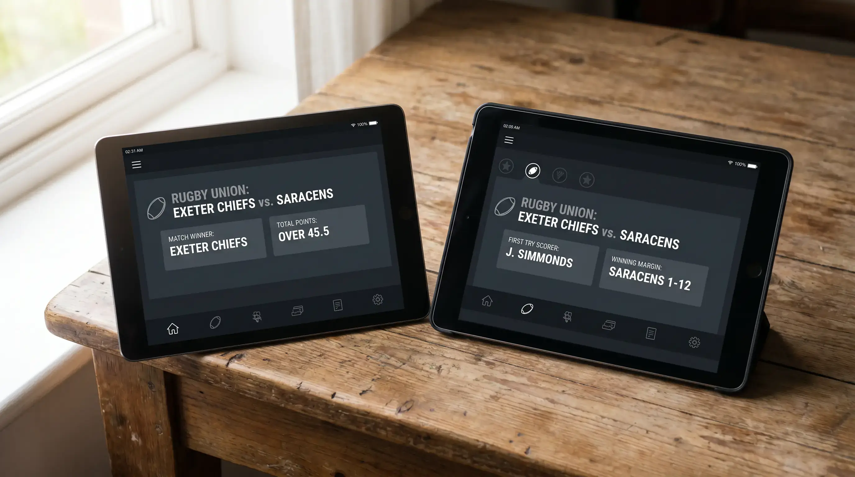 Two devices side by side comparing different selection combinations for a rugby fixture
