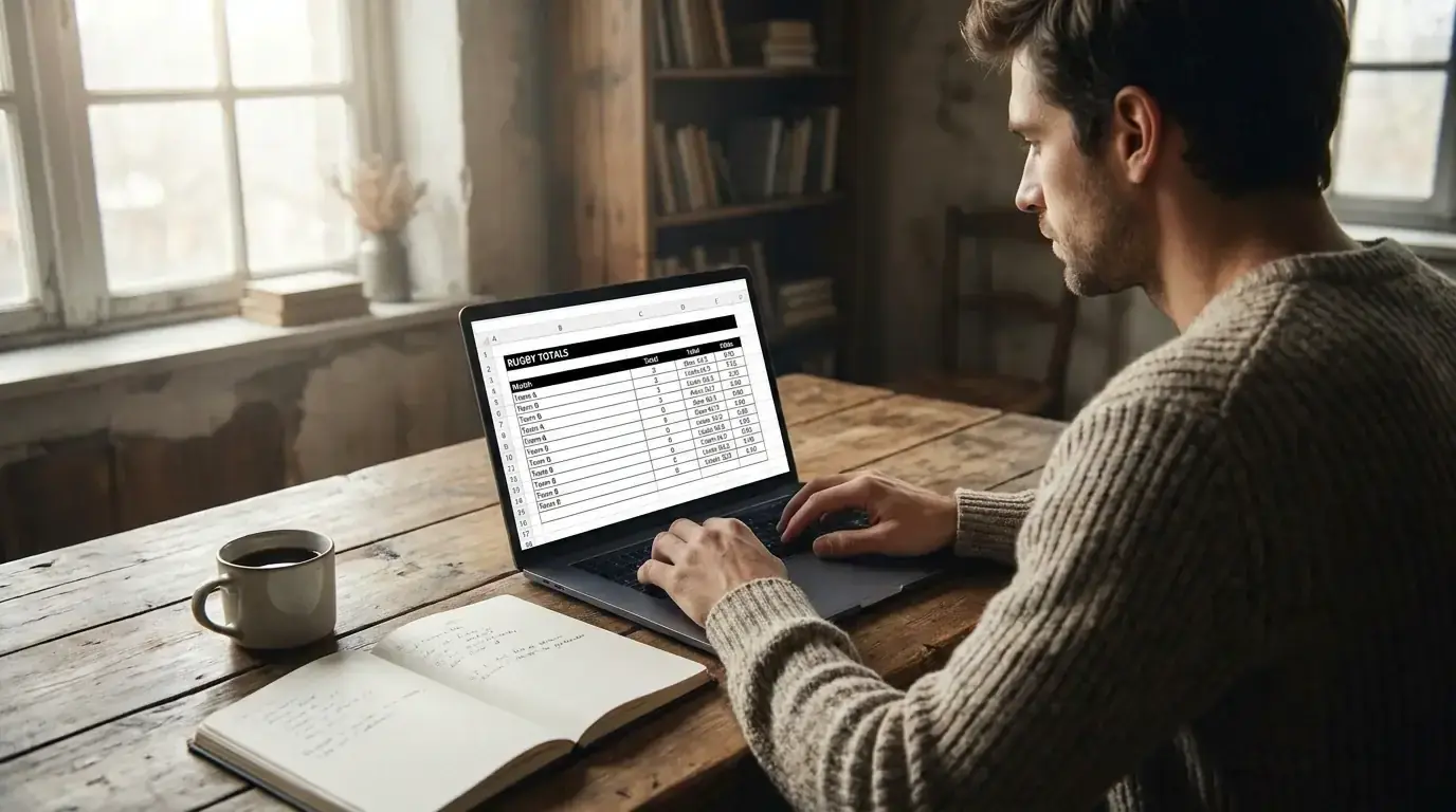 Bettor reviewing a list of rugby totals options on a laptop at a desk