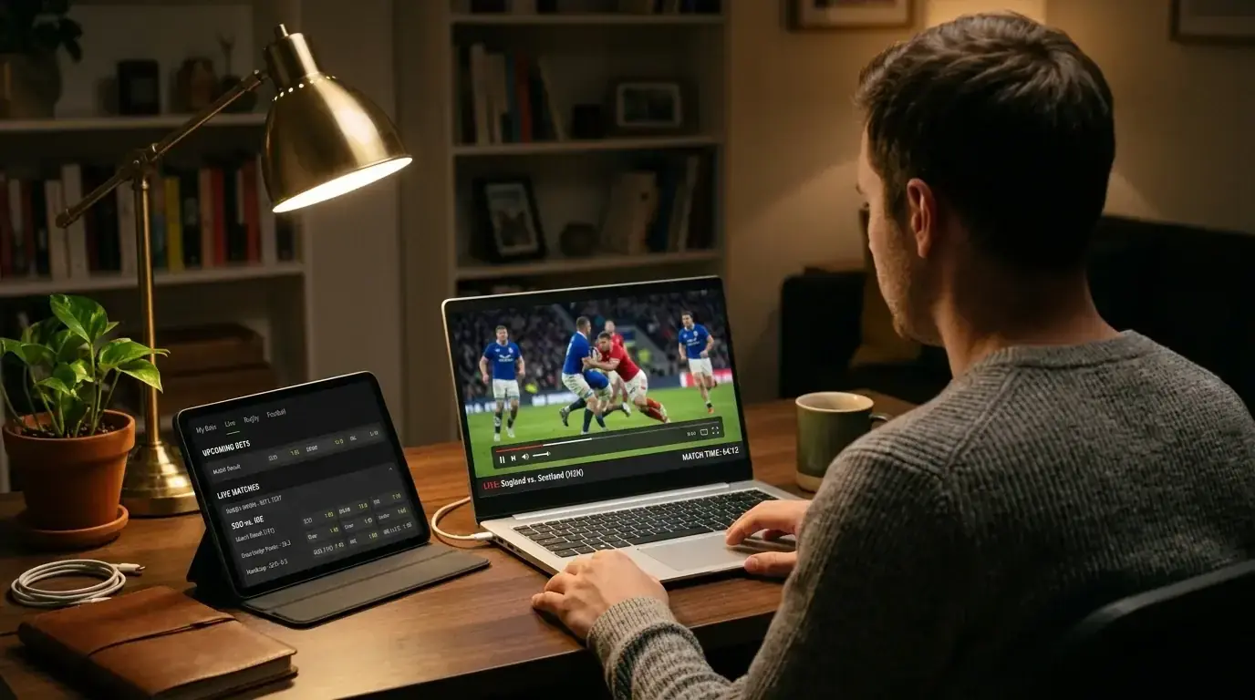 Bettor using a second screen alongside live rugby broadcast with a tablet and laptop