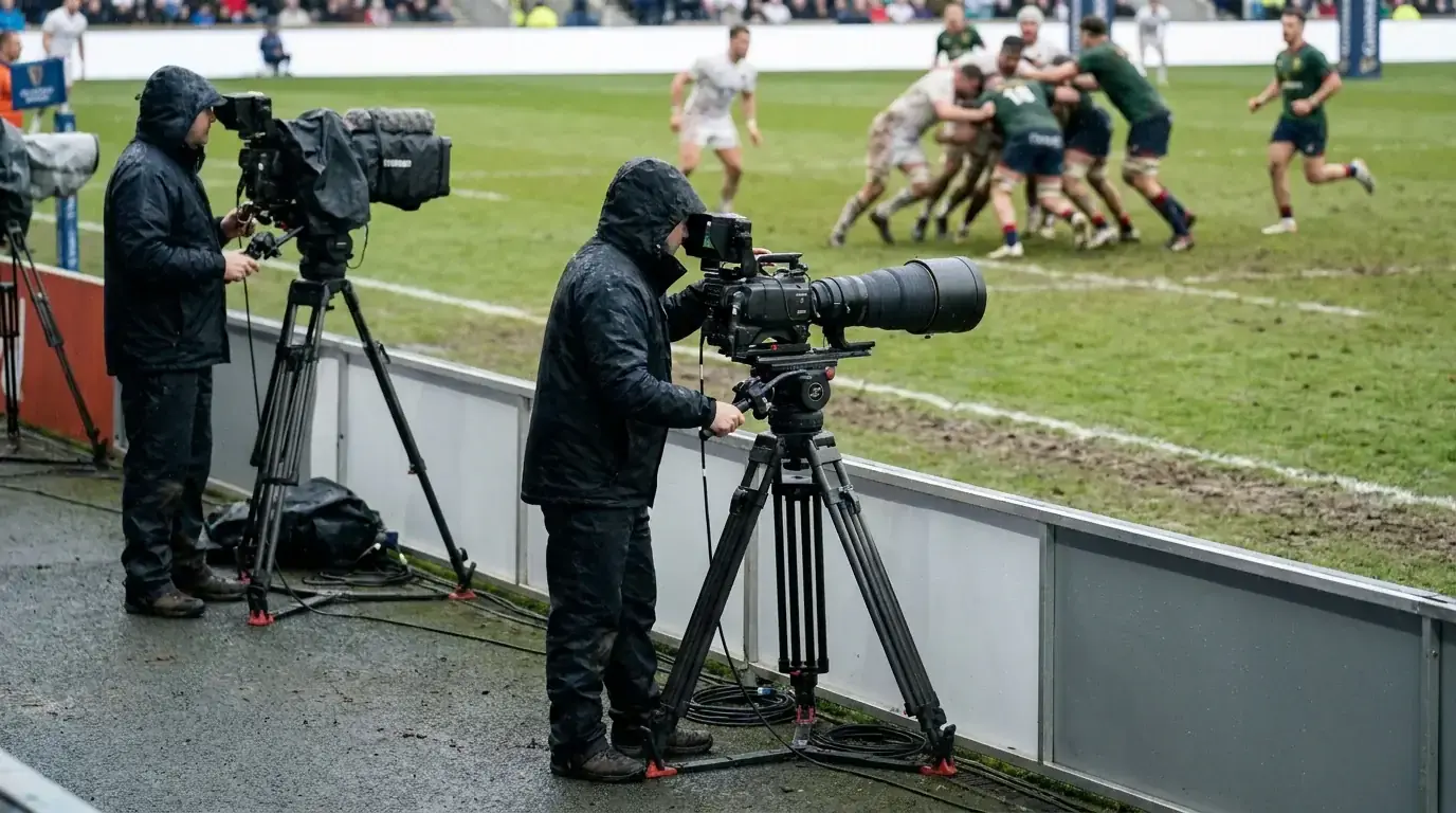 Television broadcast cameras lined up beside the touchline at a Premiership rugby match