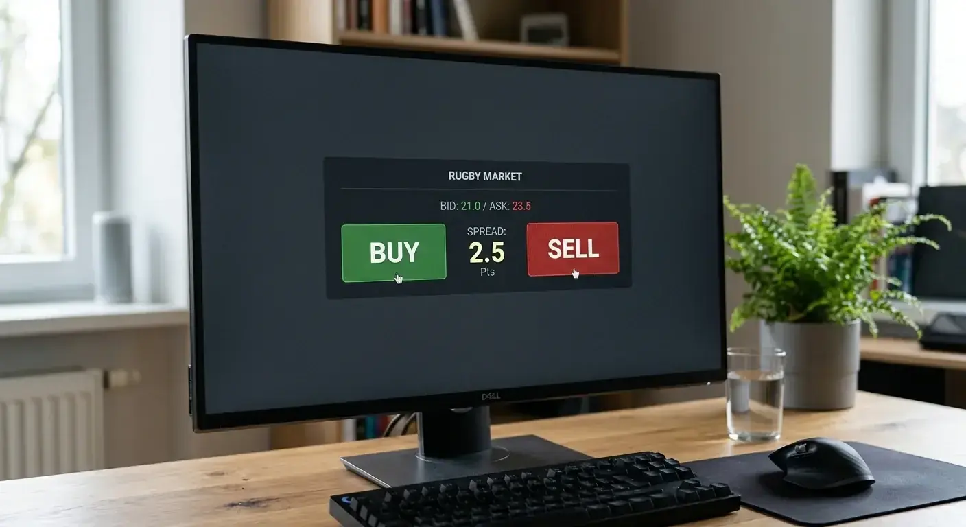Computer screen showing simple buy and sell controls for a rugby supremacy spread