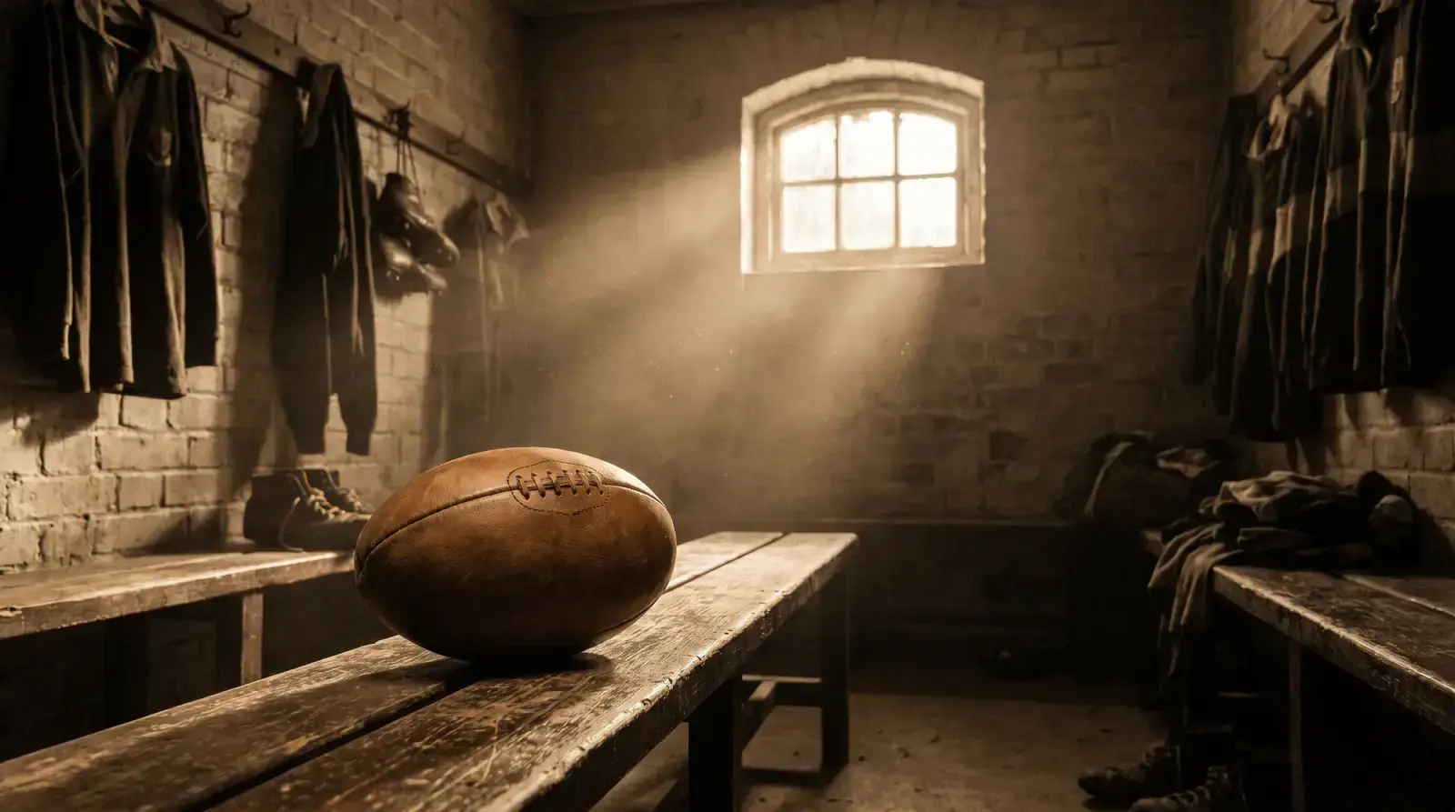 Vintage rugby ball on a worn wooden bench evoking the 1895 split between rugby union and rugby league