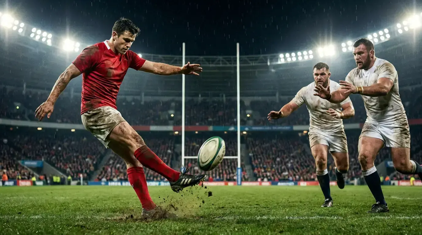 Rugby fly-half striking a drop goal mid-stride with defenders charging