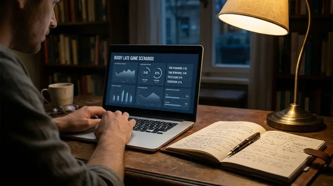Bettor reviewing late-game scenario data on a laptop with handwritten notes beside
