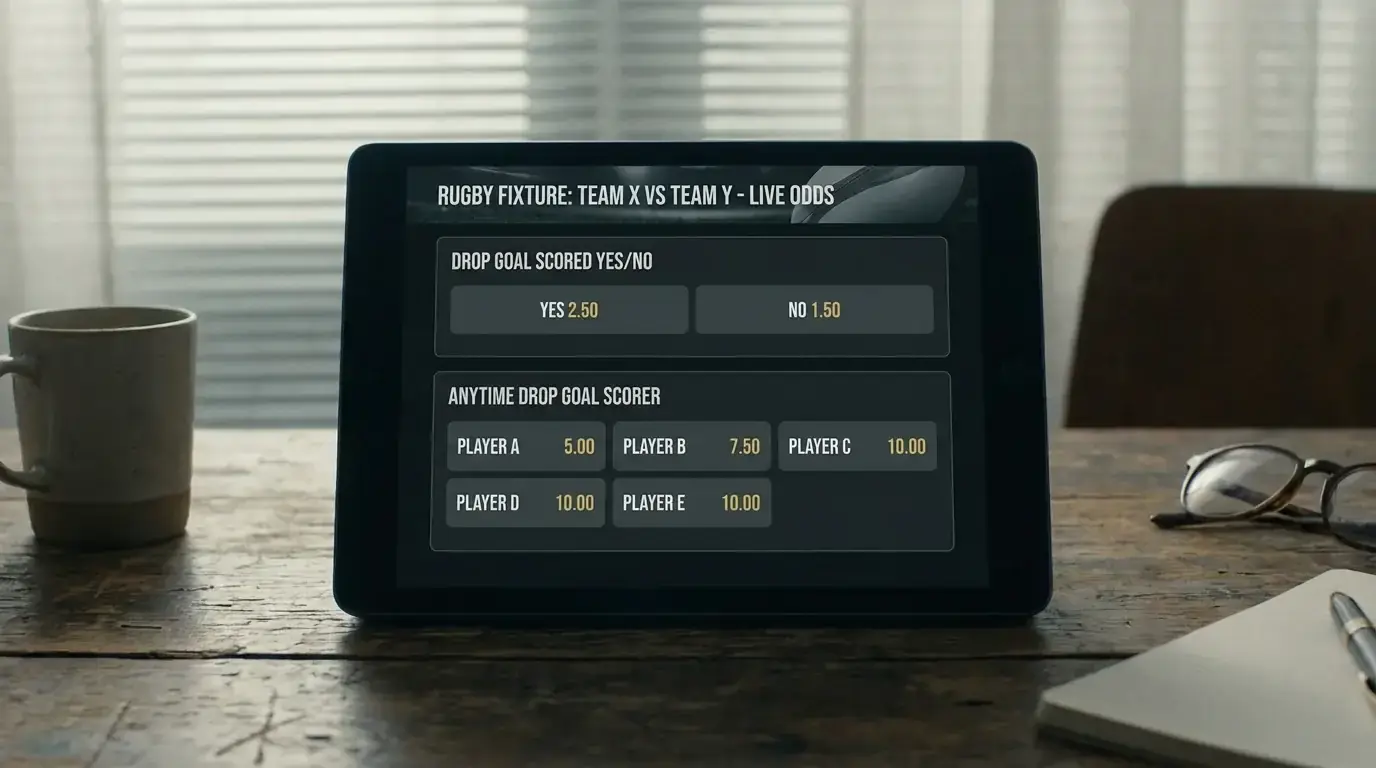 Tablet showing drop goal yes/no and anytime drop goal scorer markets