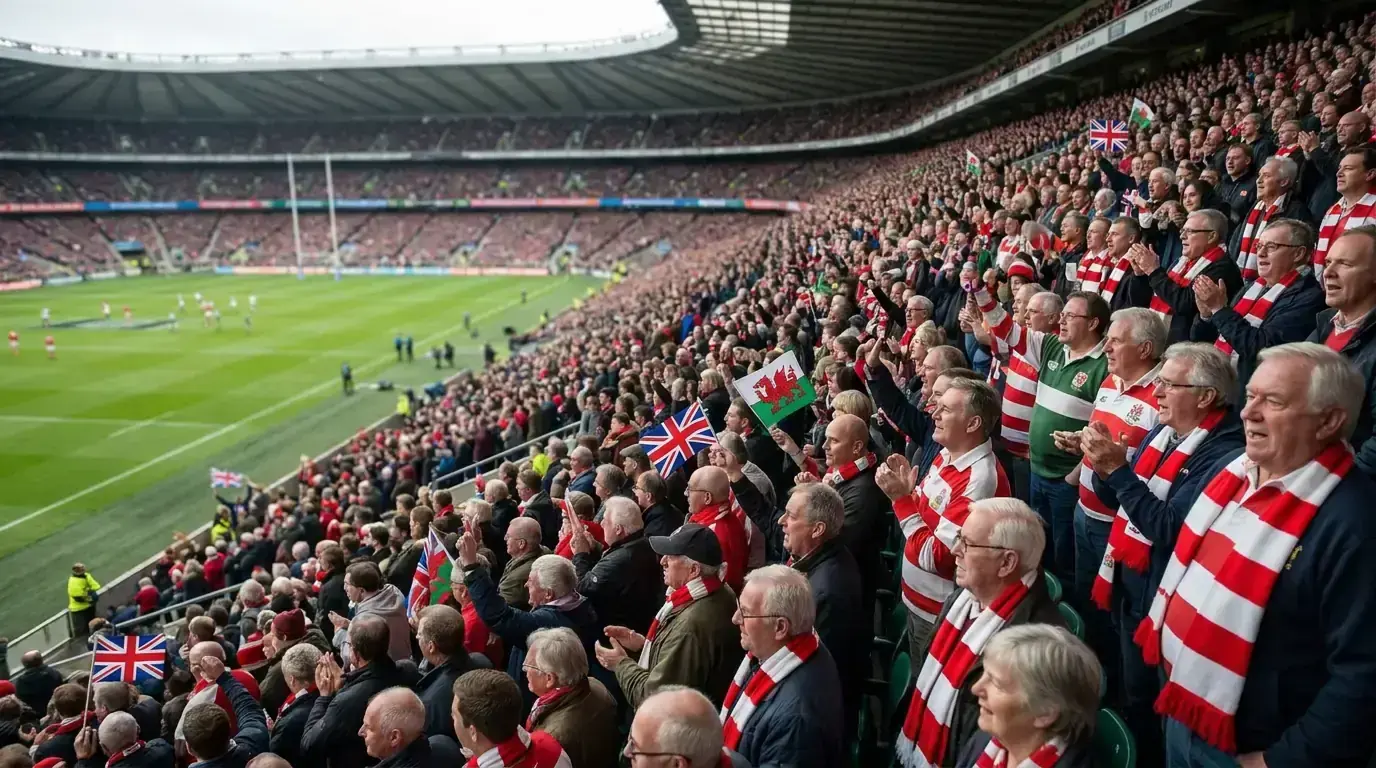 Rugby fans filling the stands at a UK Test match on a Saturday afternoon