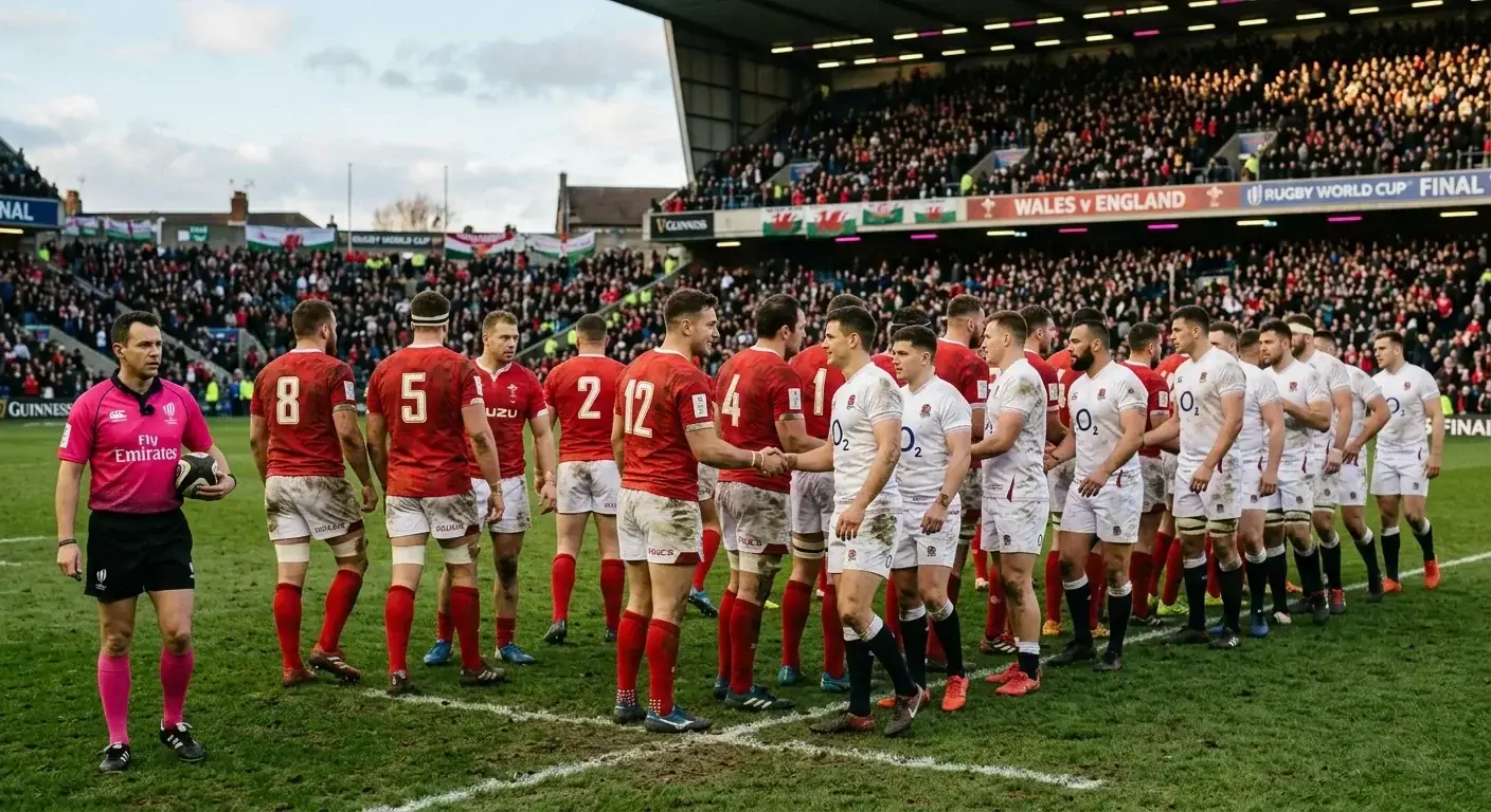 Rugby teams shaking hands at full time after a tight encounter