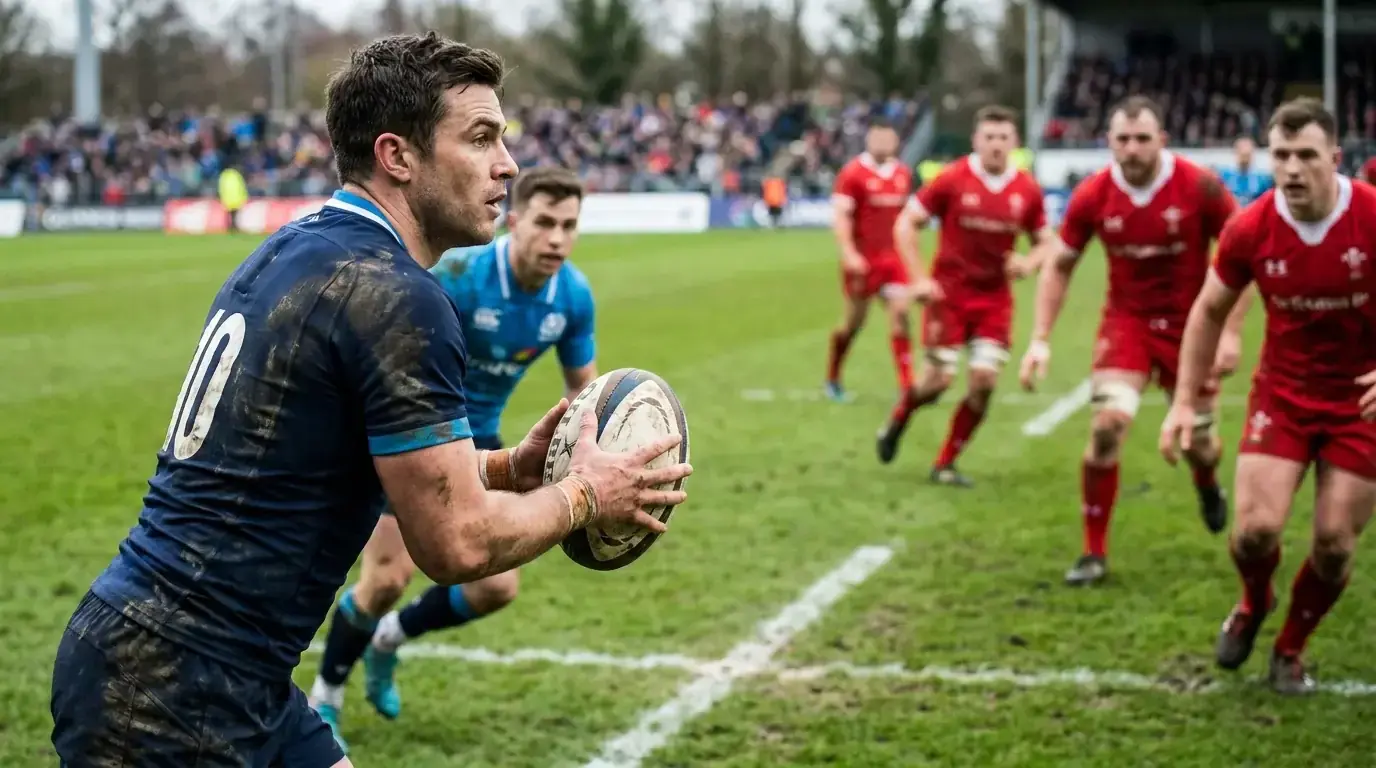 Rugby fly-half pausing with the ball in hand making a kicking or passing decision