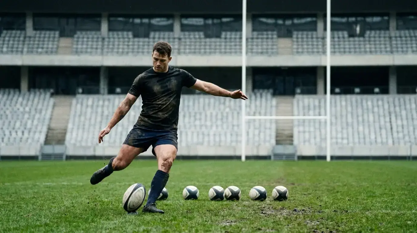 Rugby fly-half practising drop goals at a training session before a match