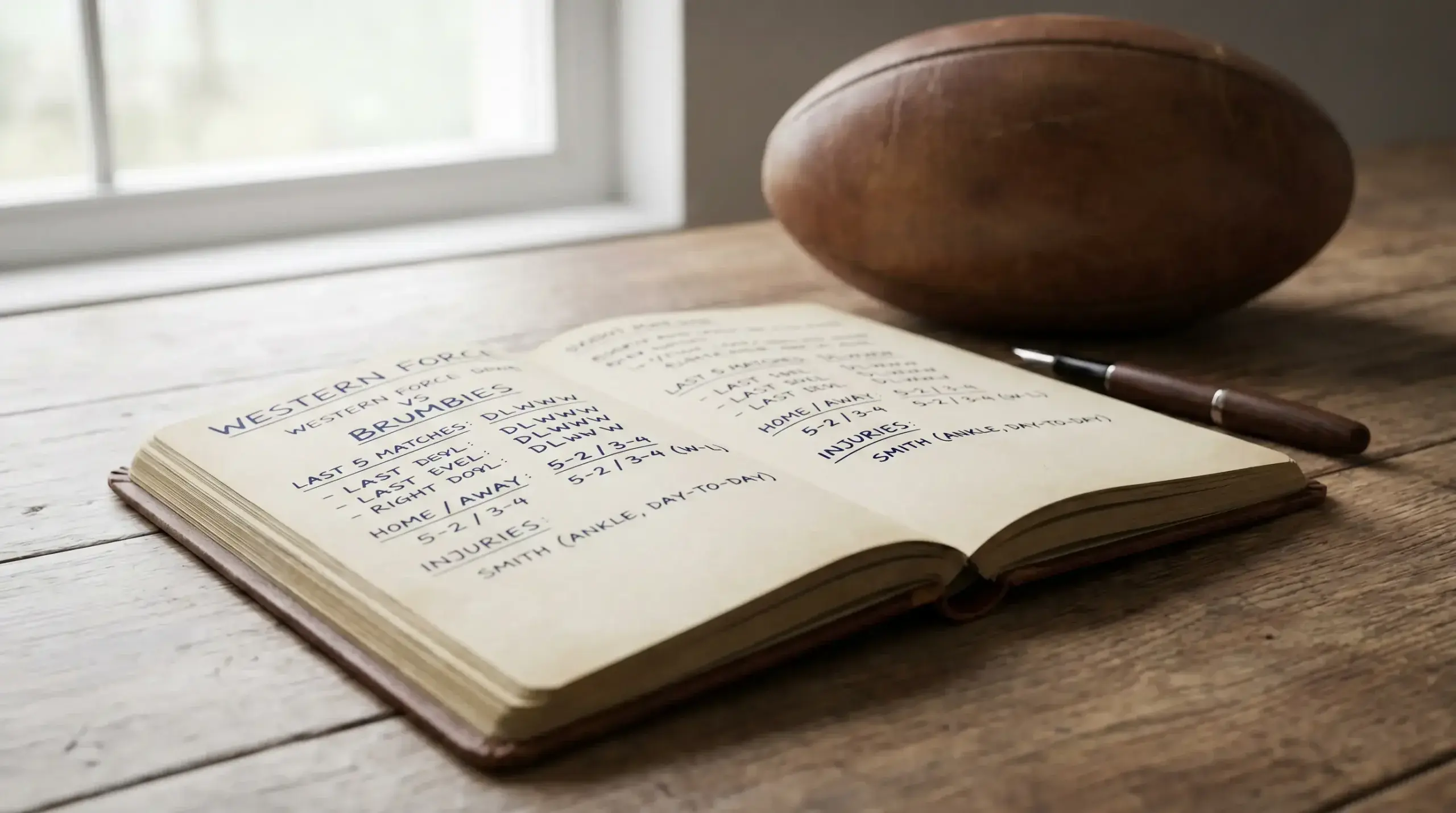 Open notebook with handwritten rugby form analysis notes covering last five matches and injury list