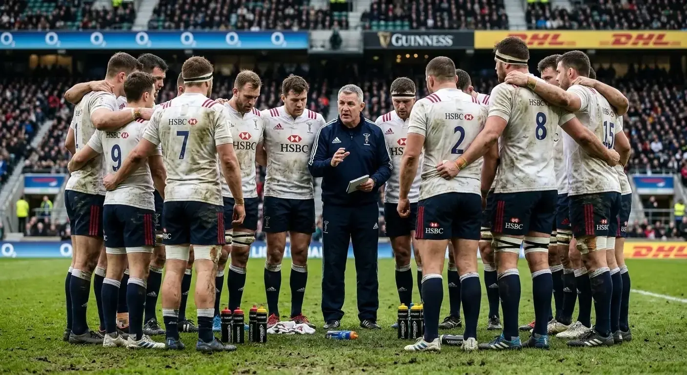 Rugby team huddled together on the pitch at half-time receiving instructions