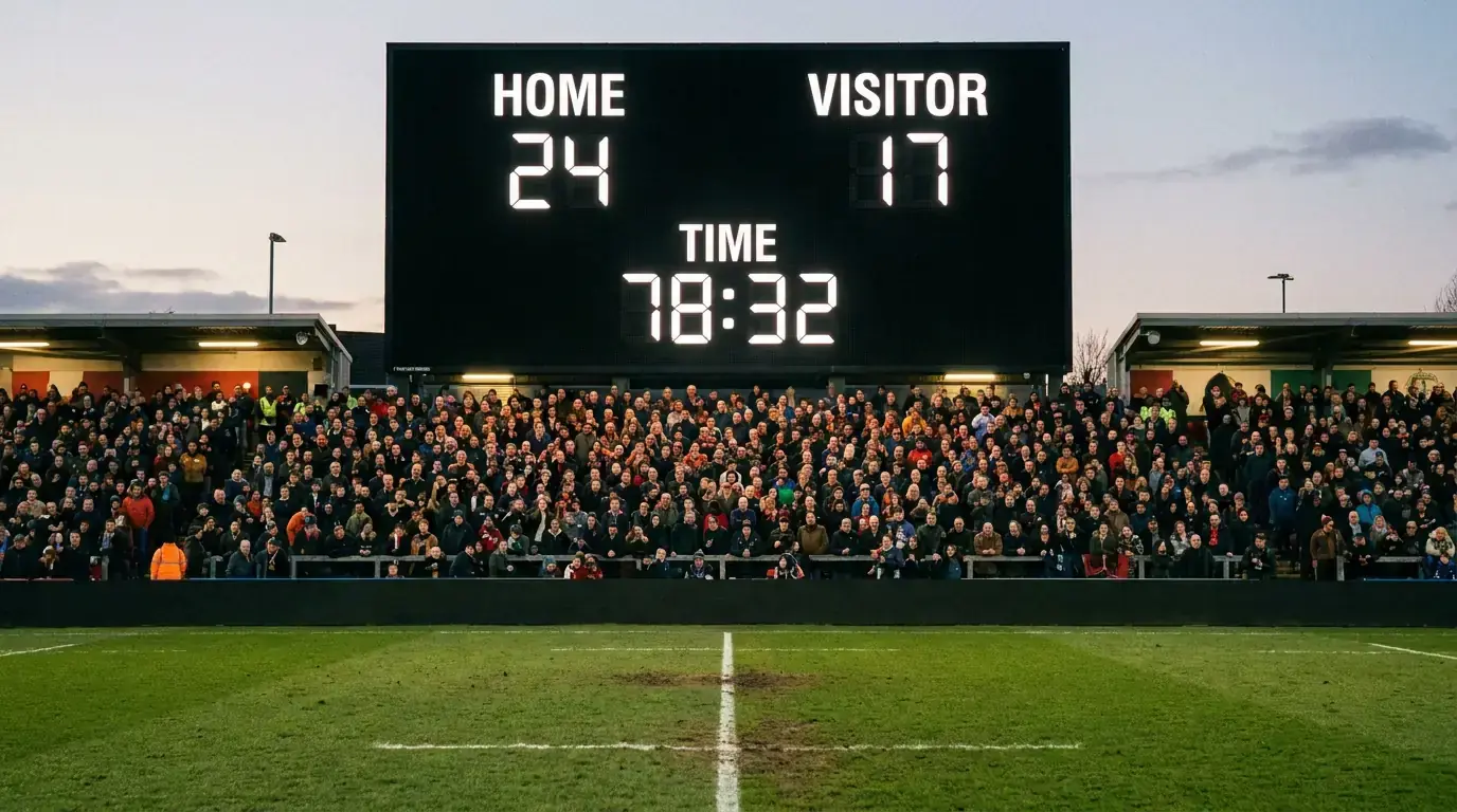 Rugby stadium scoreboard showing the points score during a Premiership match