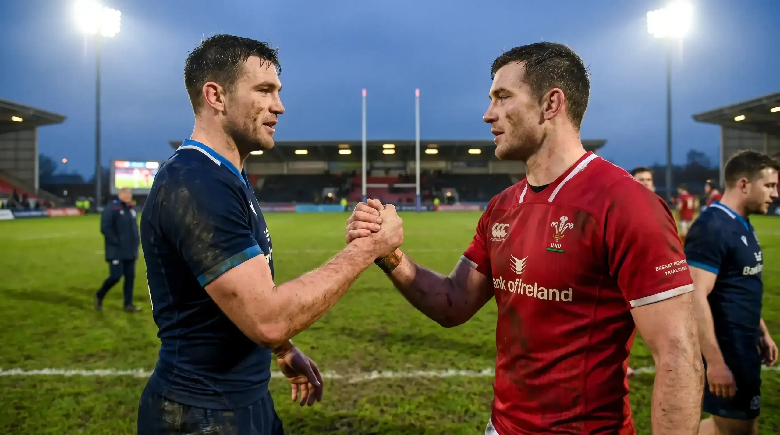 Two rugby players exchanging a respectful handshake after a match symbolising integrity and fair play
