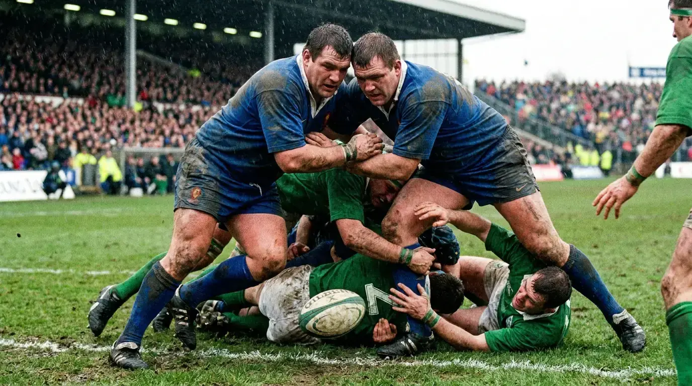 Rugby attacking phase late in the match with forwards driving for the line