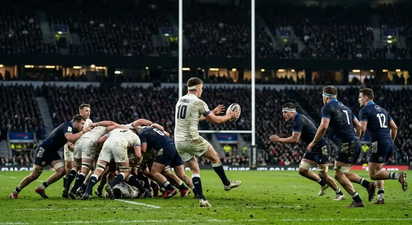 Rugby fly-half setting up a late-game drop goal attempt with the ball returning to him