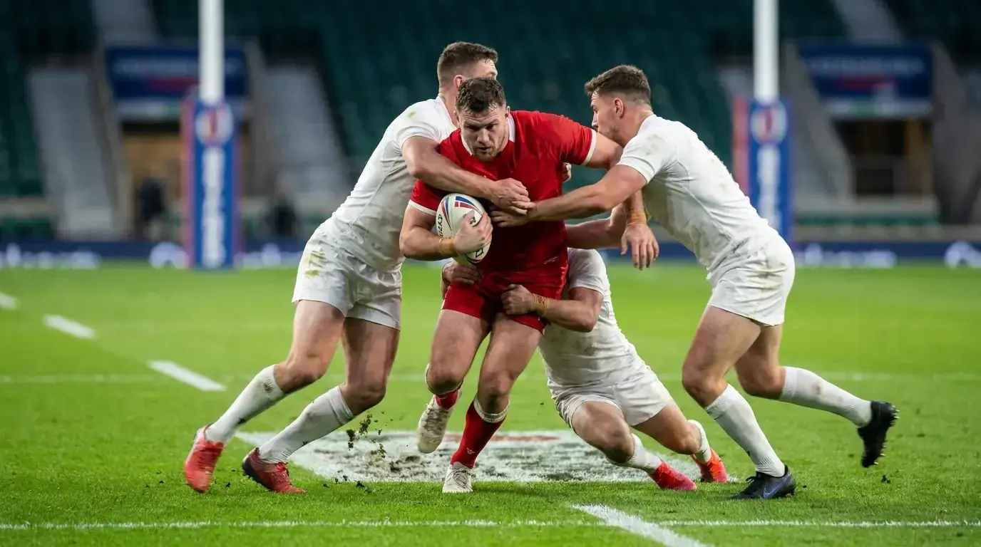 Rugby league player carrying the ball into a tackle during a set-of-six attacking phase