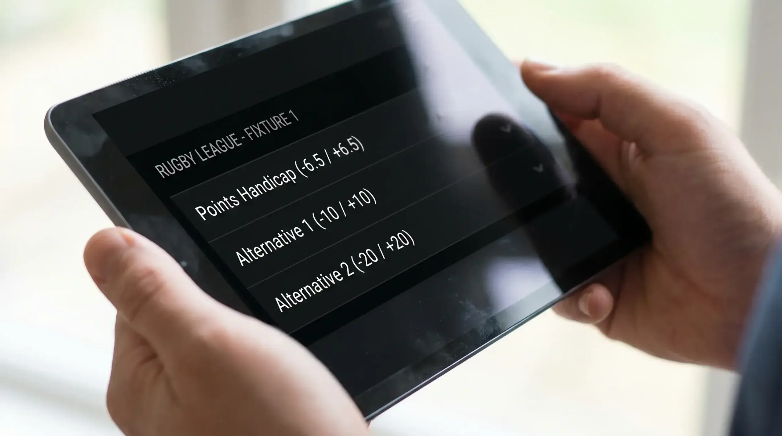 Tablet displaying multiple alternative handicap line options for a rugby fixture