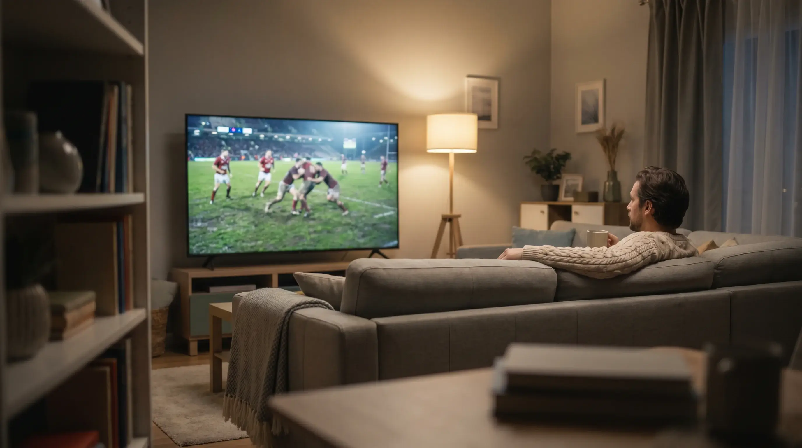 Person watching a live rugby broadcast at home with the match shown on television