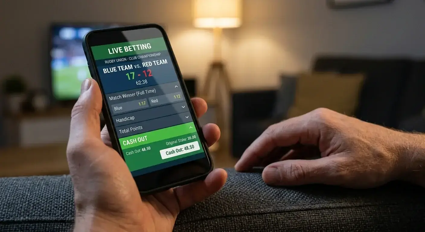 Smartphone displaying a cash-out option mid-match on a clean rugby betting interface