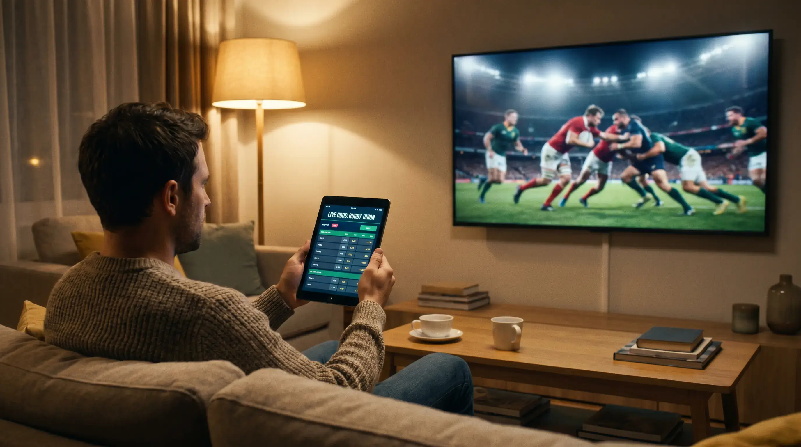 Person watching live rugby on television and checking a tablet alongside