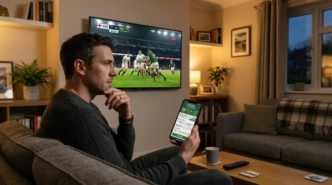 Focused bettor watching a live rugby match on television while holding a smartphone with the in-play screen open