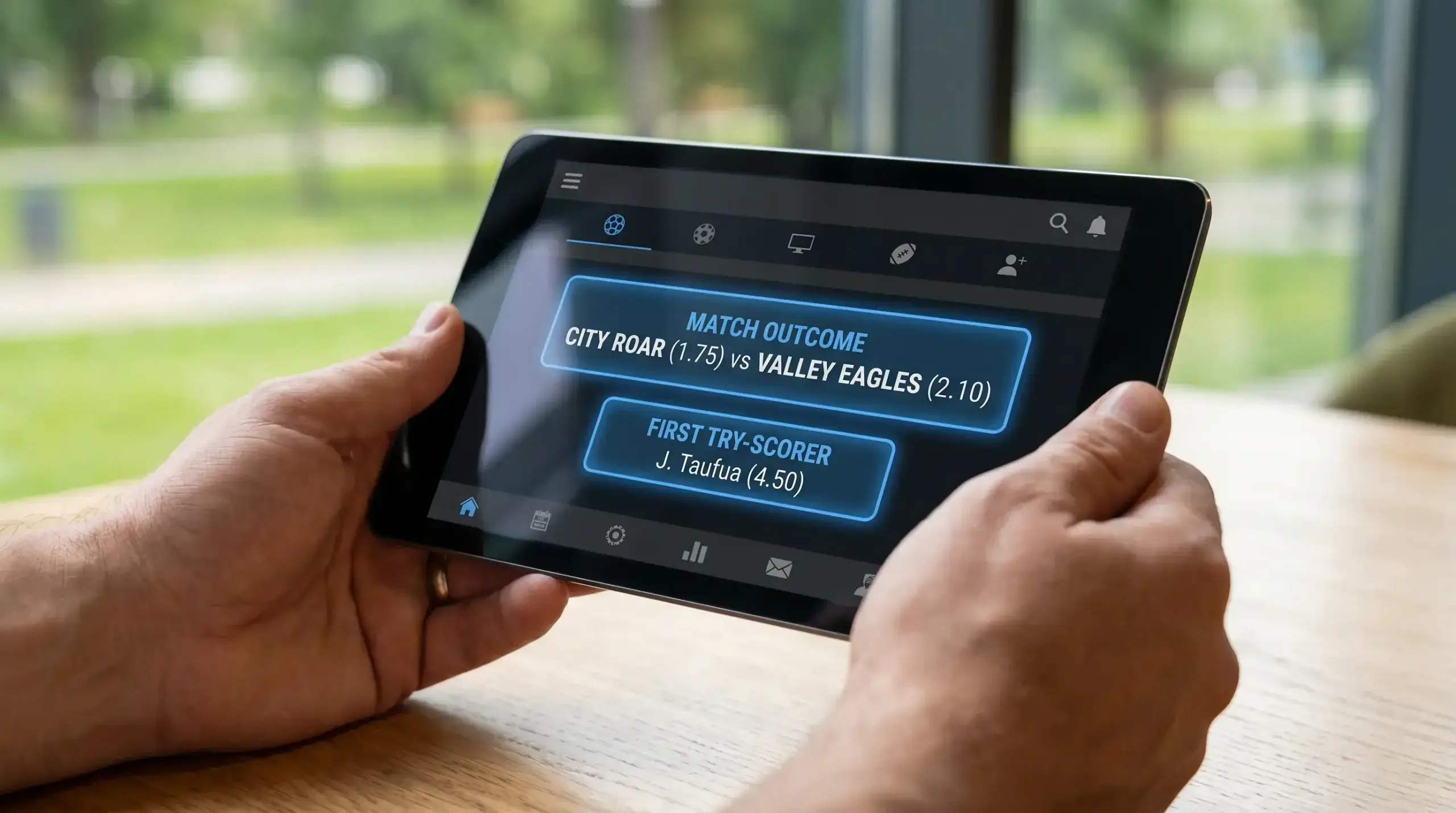 Tablet displaying a combined match result and try-scorer rugby selection