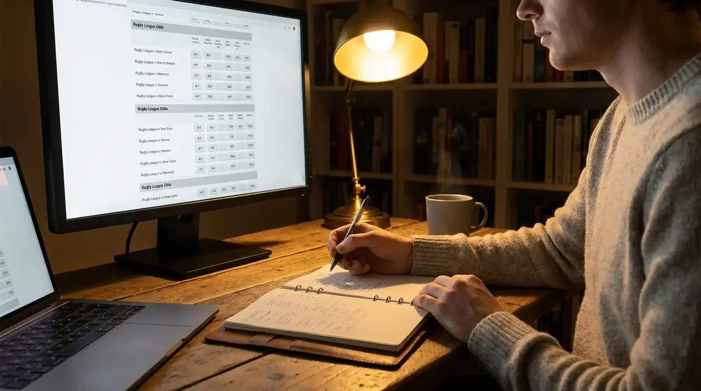 Person studying rugby odds on a laptop screen while taking handwritten notes on implied probability
