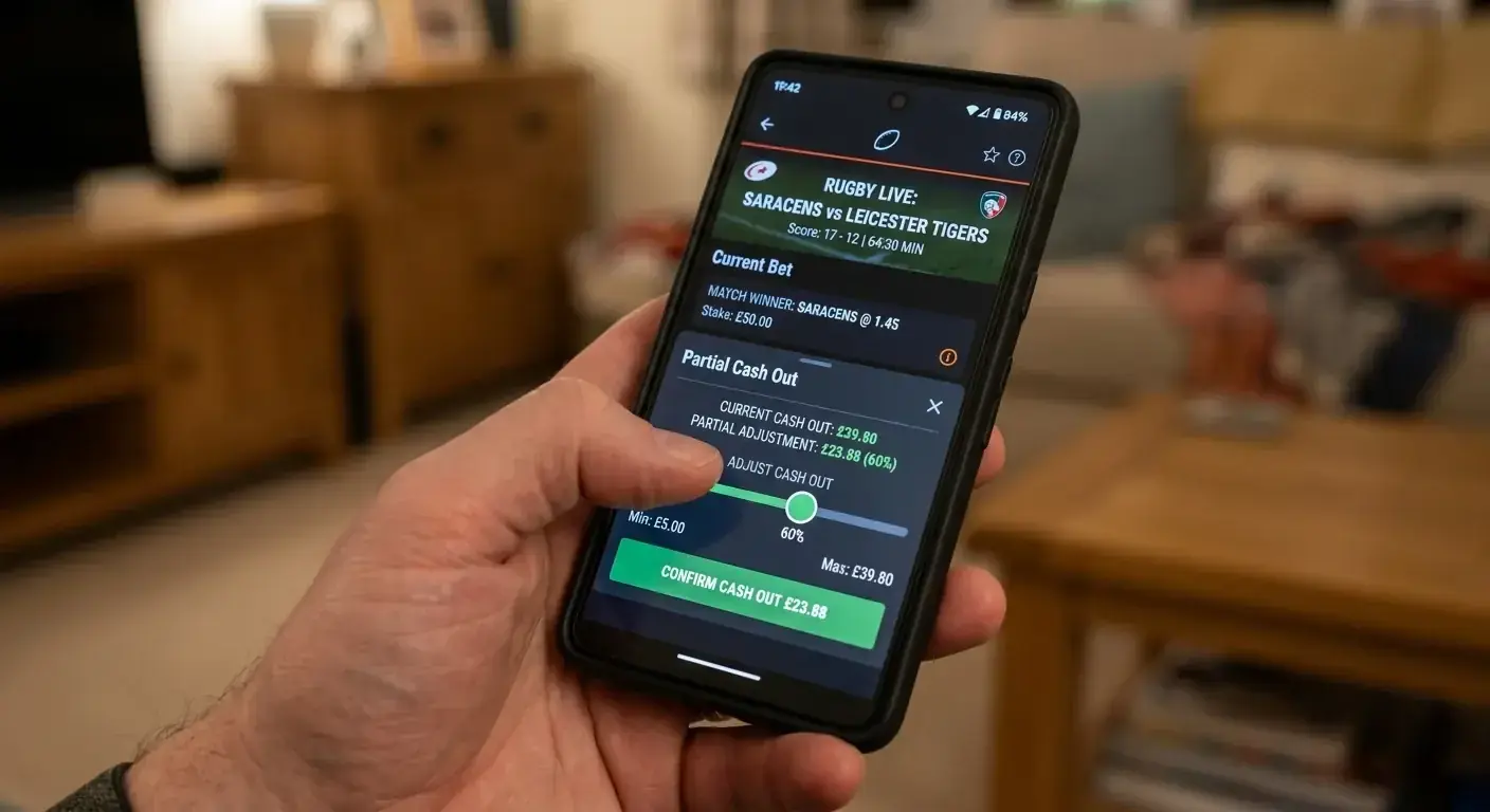 Smartphone displaying a partial cash-out slider on a clean rugby betting interface